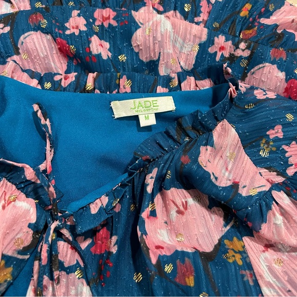 Jade - Melody Tam Blue Midi Dress with Pink Flowers - Gold Accents Size M - Picture 9 of 10